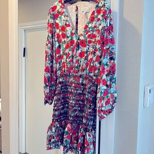 Véstire Floral Ballon Sleeve Mini Ruffle Ruched Long Sleeve Dress